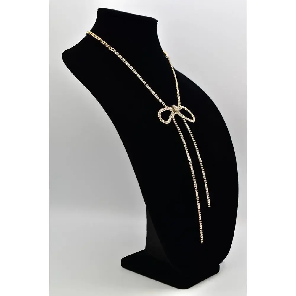 Vintage Statement Bow Tie Collar Necklace Chain Rhinestone Gold Tone Y2K BinBJ